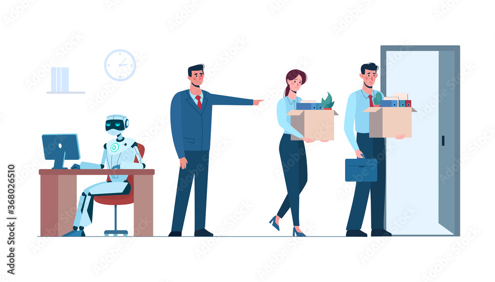 Artificial intelligence has replaced humans, they lost her job due to robotics. The robot is in the workplace, and people is fired. Business people, unemployment. Flat vector illustration isolated
