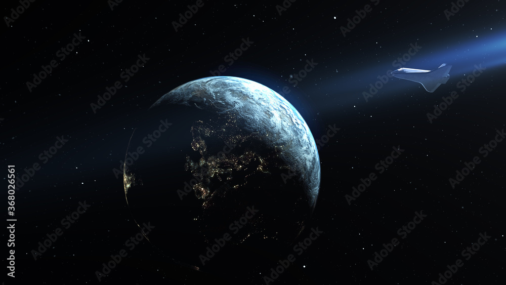 Naklejka premium 3D rendering- Space Shuttle flying close to planet earth Realitic Cinematic vision of Space Shuttle Orbiting earth- Outer space view 