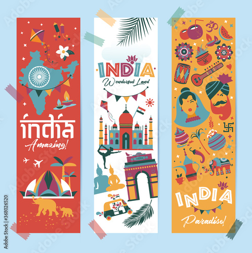 India set Asia country vector Indian architecture Asian traditions buddhism travel isolated icons and symbols in 3 vertical banners.