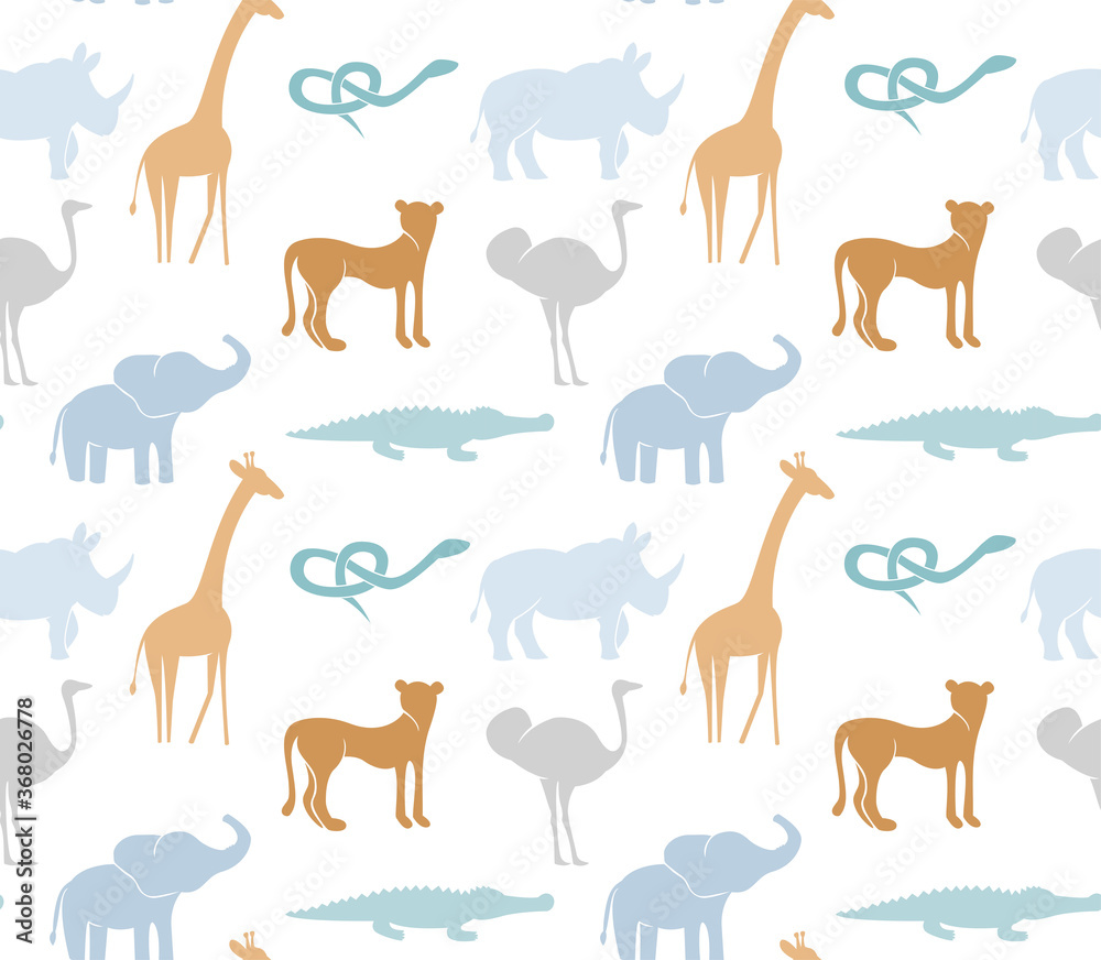 Seamless pattern with abstract African animals giraffe, elephant, rhino, emu, snake, crocodile, cheetah. Trendy safari texture for fabric, wrapping, textile, wallpaper, apparel. Pastel colors