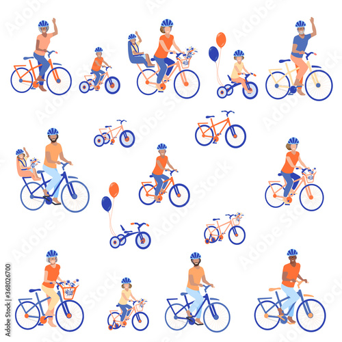 A large set of people in protective helmets on bicycles. Young people, children, seniors and bicycles. Flat color illustrations isolated on white background.