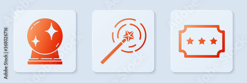 Set Magic wand, Magic ball and Ticket. White square button. Vector.