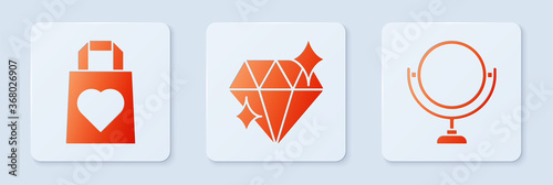 Set Diamond, Shopping bag with heart and Round makeup mirror. White square button. Vector.