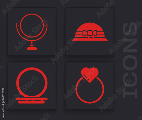 Set Wedding rings, Round makeup mirror, Elegant women hat and Makeup powder with mirror icon. Vector.