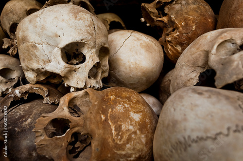 Skulls of victims at The Killing Fields who were murdered by the Khmer Rouge during the 1970s