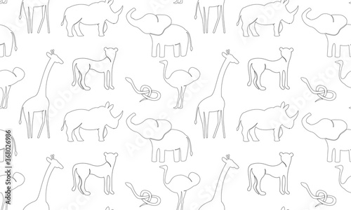 Seamless pattern with abstract outline African animals giraffe, elephant, rhino, emu, snake, crocodile, cheetah. Trendy safari texture for fabric, wrapping, textile, wallpaper, apparel.