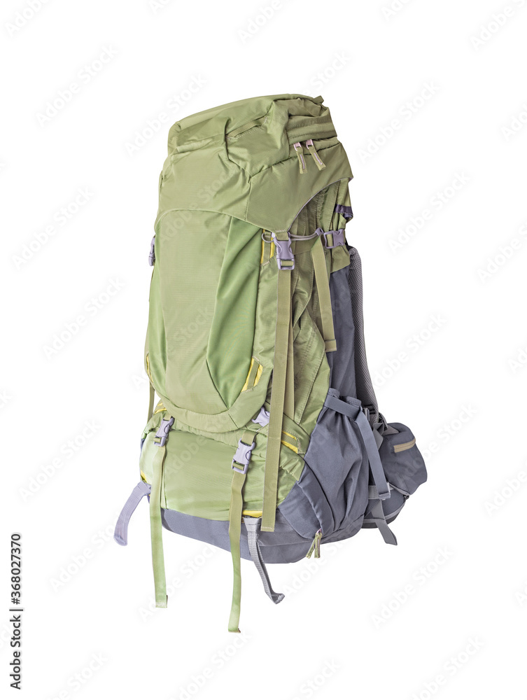 Side view of tourist backpack for mountain trekking isolated on white background Side view of tourist backpack for mountain trekking isolated on white background