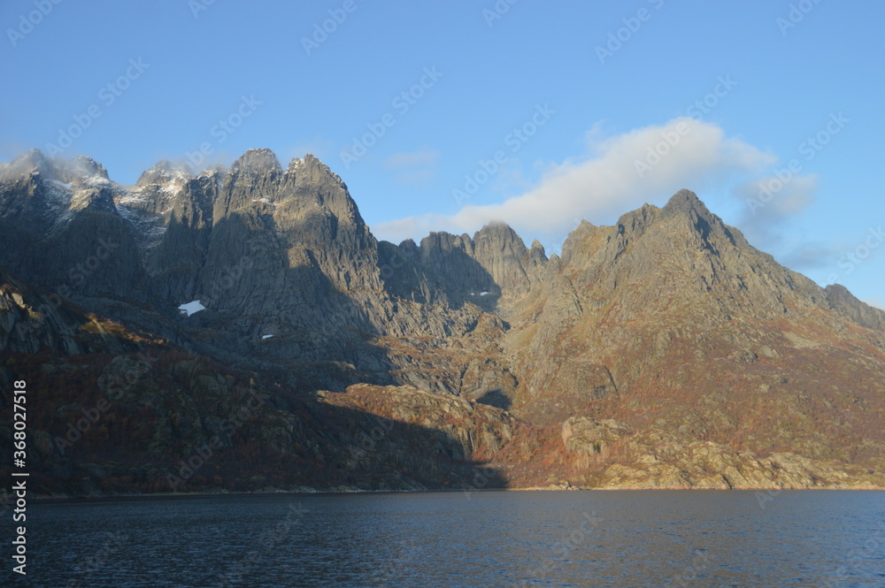 Autumn colors in the mountains and fjords of the Lofoten islands in Norway