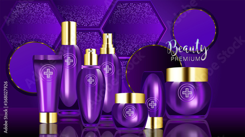 Beauty product ad design, purple cosmetic containers with collagen solution advertising background ready to use, luxury skin care banner, illustration vector.