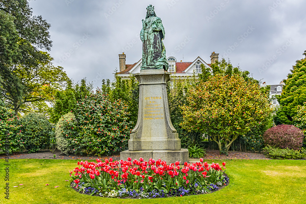 Public Victorian Candie Gardens in St Peter Port, Guernsey. Candie Gardens - example of a late XIX century flower garden. Guernsey - British Crown dependency in English Channel off coast of Normandy.