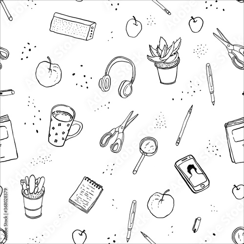 A pattern with self-education things. Book, pen, apples, magnifier, tea mug, smartphone, notepad, headphones, potted plant, scissors. Vector isolated illustration.