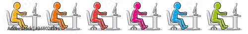 Collection of people sitting at the office table and working on the computer – Colourful hatched vector drawing
