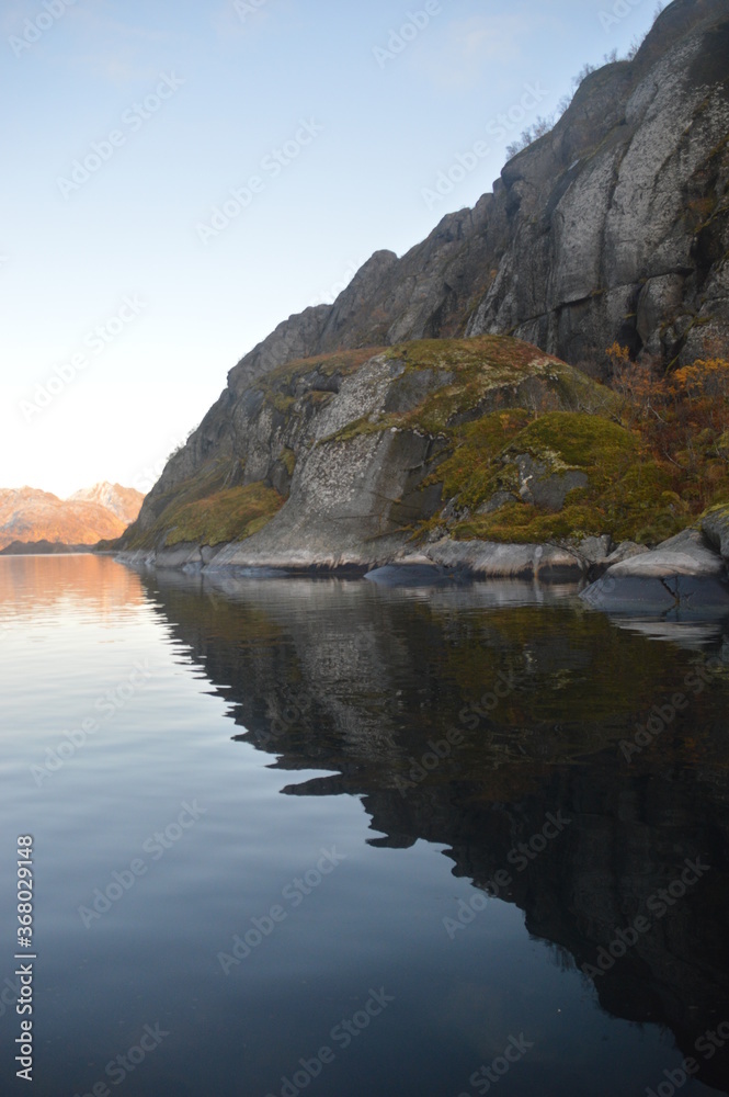 Autumn colors on the mountains and in the fjords of Lofoten Norway