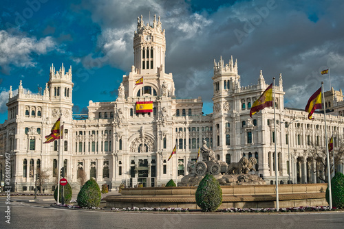 Plaza de Cibeles and Cibeles Palace, the City Council of Madrid in Spain. Cybele Palace and Cibeles Fountain are symbolic monuments of the capital. 