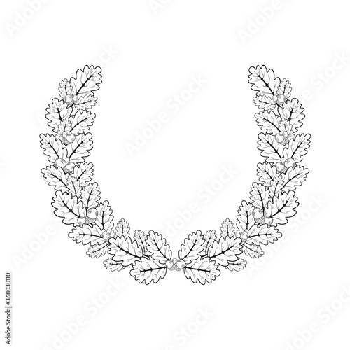 Oak wreath. Vector illustration of oak branches in a round frame made in the style of engraving.