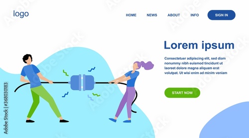 Groups of people pulling rope in tug of war play. Struggling team competing with each other. Vector illustration for game, contest, competition, confrontation concept