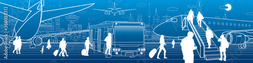 Airport panorama. The plane is on the runway. Aviation transportation infrastructure. Airplane fly, people get on the aircraft and bus. Night city on background, vector design art