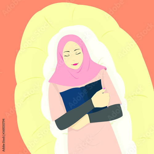 Muslim woman holding a book with a happy face, wearing a trendy hijab, an Islamic woman sleeping on a mattress
