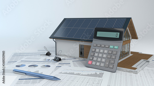 House with photovoltaic solar panel and calculator and documents - 3d illustration 
