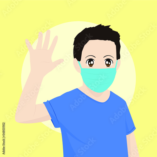 the boy waved his right hand, while wearing a mask