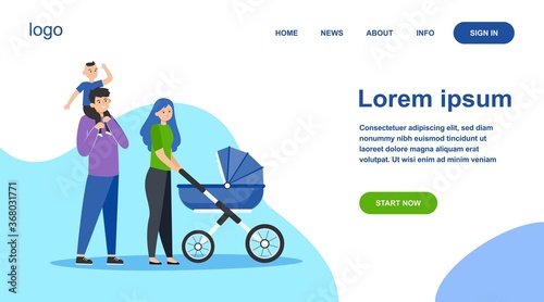 Happy family with kids walking in city park. Parents couple wheeling pram with baby outdoors. Flat vector illustration for weekend, leisure, recreation, lifestyle concepts