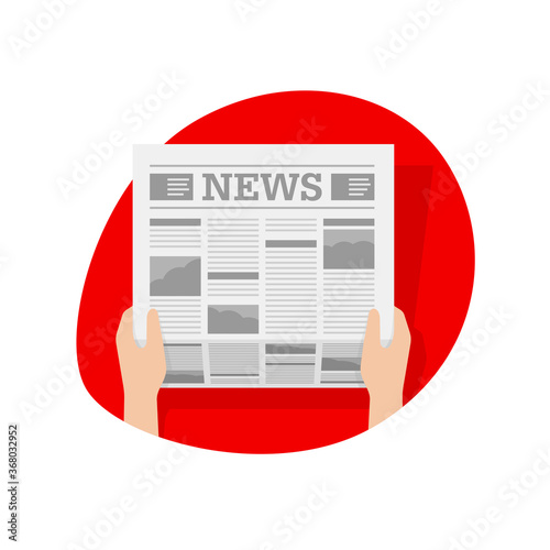 Hot news icon - hands holding newspaper in red oval frame - vector isolated illustration, pictogram or logo template