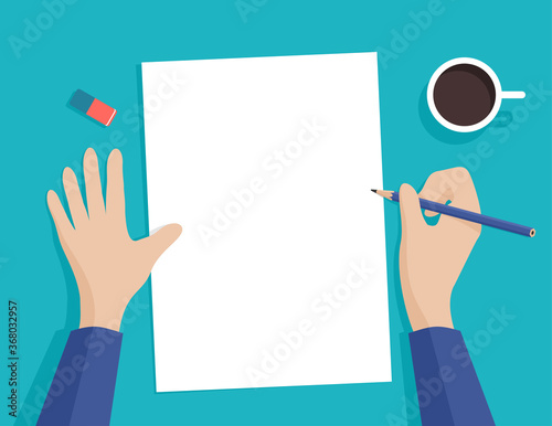 Human (man or woman) writes a message (document or to-do list) in top view - vector template with blank white paper, human hands holding pencil, coffee cup and eraser