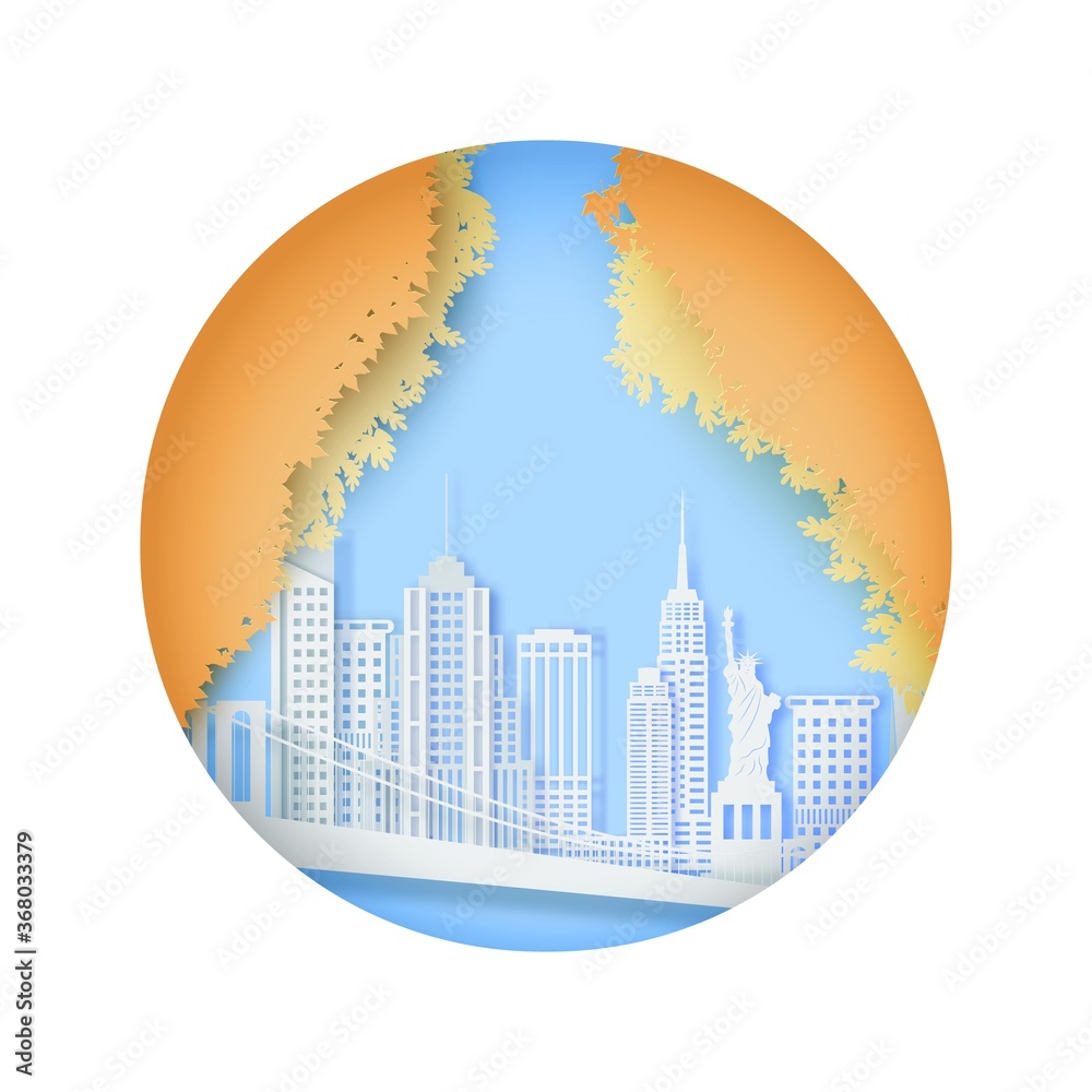 New York in autumn landscape in round frame in paper cut style. Cut out skyscraper, bridge, Statue of Liberty, business center, residential areas from cardboard. Vector 3D illustration of NYC panorama