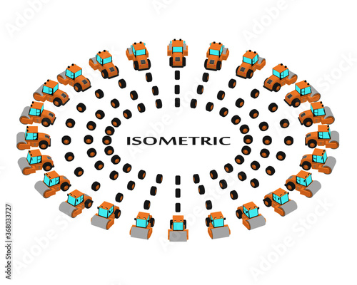 A set of 24 road rollers from different angles. Animation of the rotation of a roller vehicles by 15 degrees. The wheels are animated for the movement of the roller.