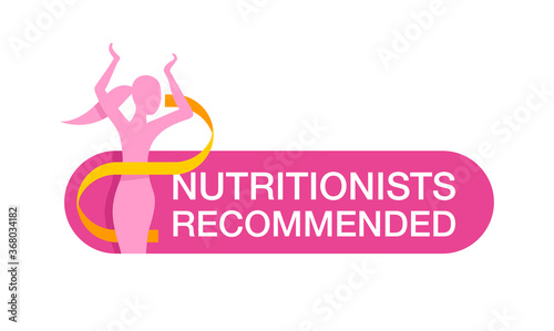 Nutritionists recommended sign -  Weight loss diet food logo (isolated button) - abstract woman silhouette with measuring tape around  