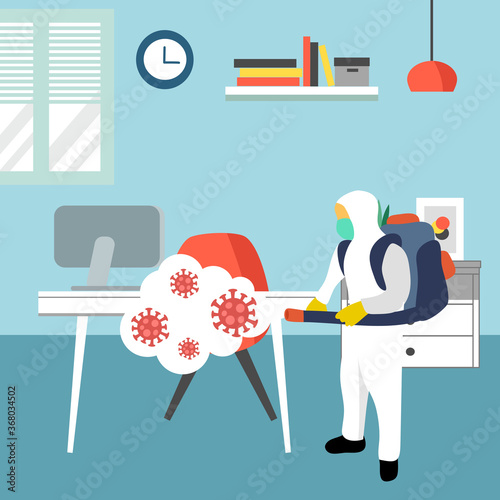 A man in hazmat suit spraying and disinfecting covid19 Coronavirus cells epidemic outbreak. Virus disinfection prevention vector illustration. Cleaning virus, bacteria and germs in the room.