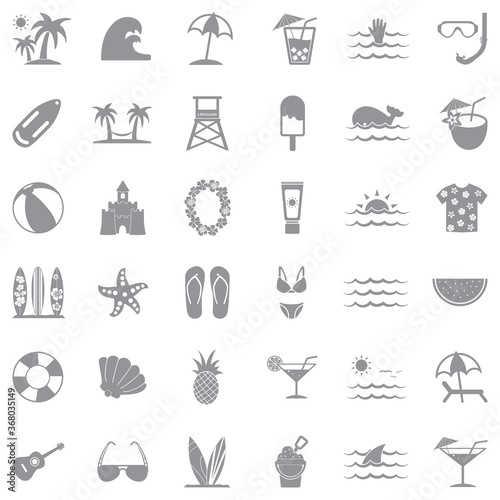 Beach Icons. Gray Flat Design. Vector Illustration.