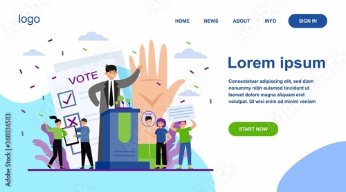 Election and political campaign. Politician speaker, candidate, voting citizens, ballot paper. Flat vector illustration for democracy, society, referendum concepts