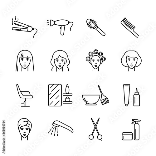 Hair Salon vector icons set. Icons haircut, Perm, coloring, washing, straightening hair. Hair care. Black outline isolated on a white background.