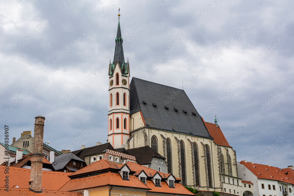 View to St. Vitus Church and roofs of Old Town of Cesky Krumlov, Czech Republic