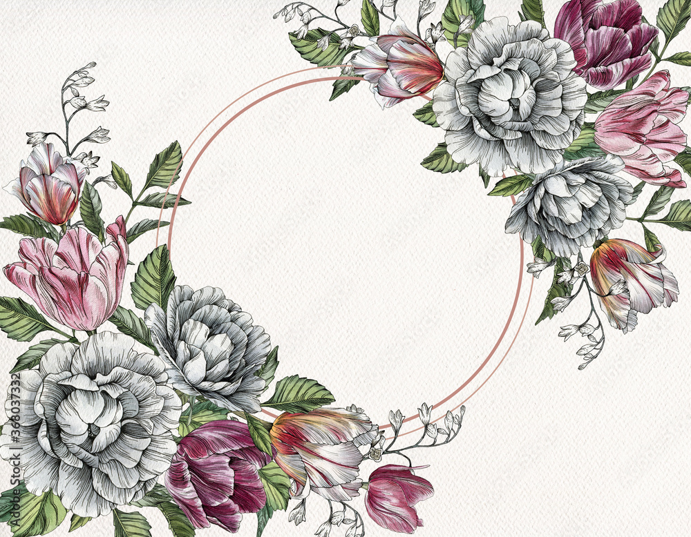Φωτογραφία Floral greeting card with a frame of watercolor roses and tulips