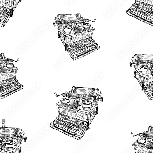 Seamless background of sketches  vintage typewriter