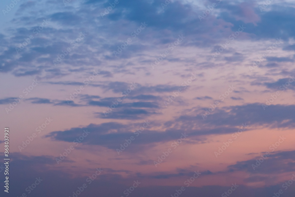 Pinky sunset sky with soft gray or blue clouds. Background image.