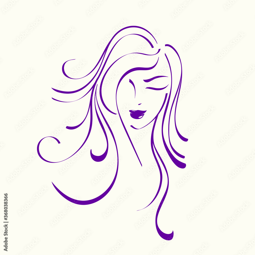 Long hair woman.Wavy hairstyle and elegant makeup.Cosmetics and spa icon.Hair salon and beauty studio logo.Front view young lady portrait.Smiling face. Long hair woman.Wavy hairstyle and elegant makeup.Cosmetics and spa icon.Hair salon and beauty studio logo.Front view young lady portrait.Smiling face.
