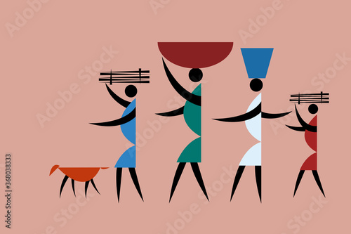Tribal style illustration of people gathering things from the farm