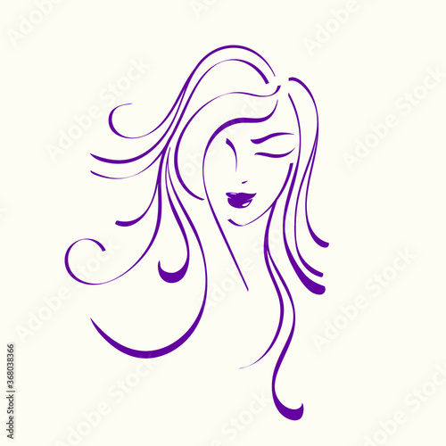 Long hair woman.Wavy hairstyle and elegant makeup.Cosmetics and spa icon.Hair salon and beauty studio logo.Front view young lady portrait.Smiling face.