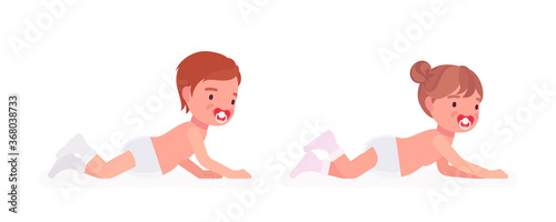 Toddler child, little boy, girl enjoying crawling. Cute sweet happy healthy baby, children aged 12, 36 months with soothie pacifier, wearing diaper, white socks. Vector flat style cartoon illustration