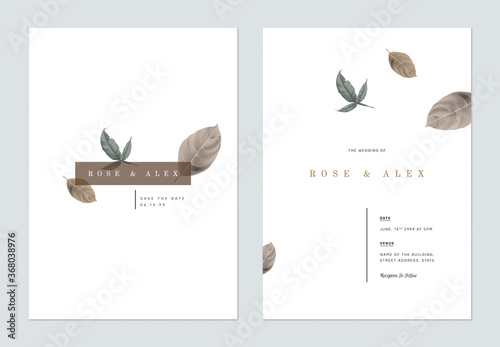 Minimalist foliage wedding invitation card template design, brown and green leaves on white