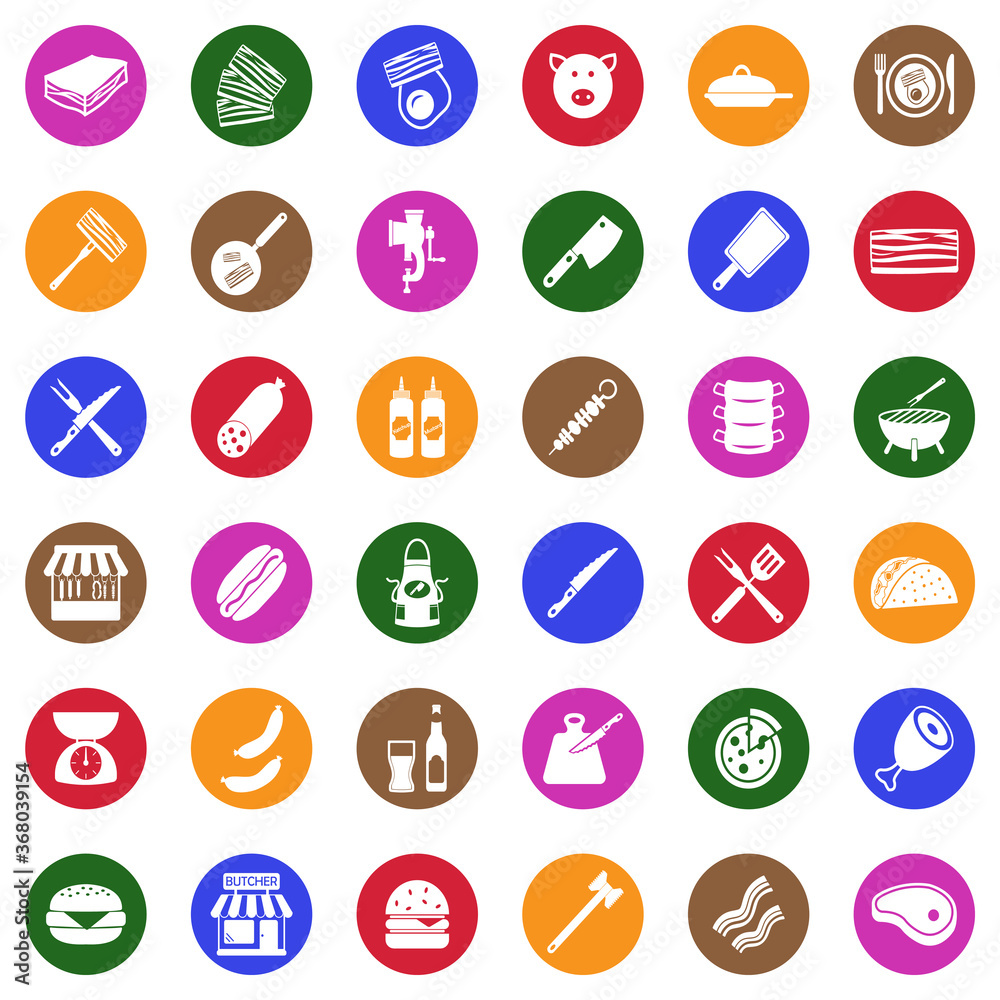 Bacon Icons. White Flat Design In Circle. Vector Illustration. Bacon Icons. White Flat Design In Circle. Vector Illustration.