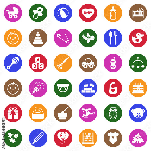 Baby Icons. White Flat Design In Circle. Vector Illustration.