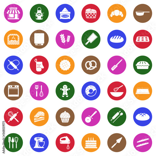 Bakery Icons. White Flat Design In Circle. Vector Illustration.