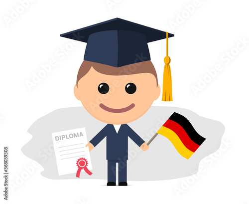Cartoon graduate with graduation cap holding diploma and flag of Germany