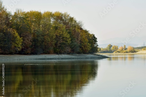 forest reflected in the lake in autumn season