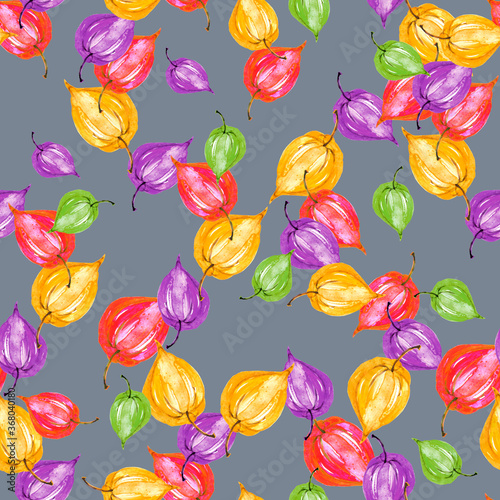 watercolor physalis seamless pattern. autumn berry illustration. botanical background. Seamless pattern with hand drawn watercolor physalis. Autumn background.