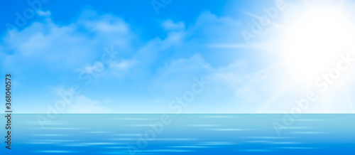 The ocean or sea. Sky with clouds and reflection of light in the water surface, romantic fantasy on the background of a natural scene. Cartoon illustration